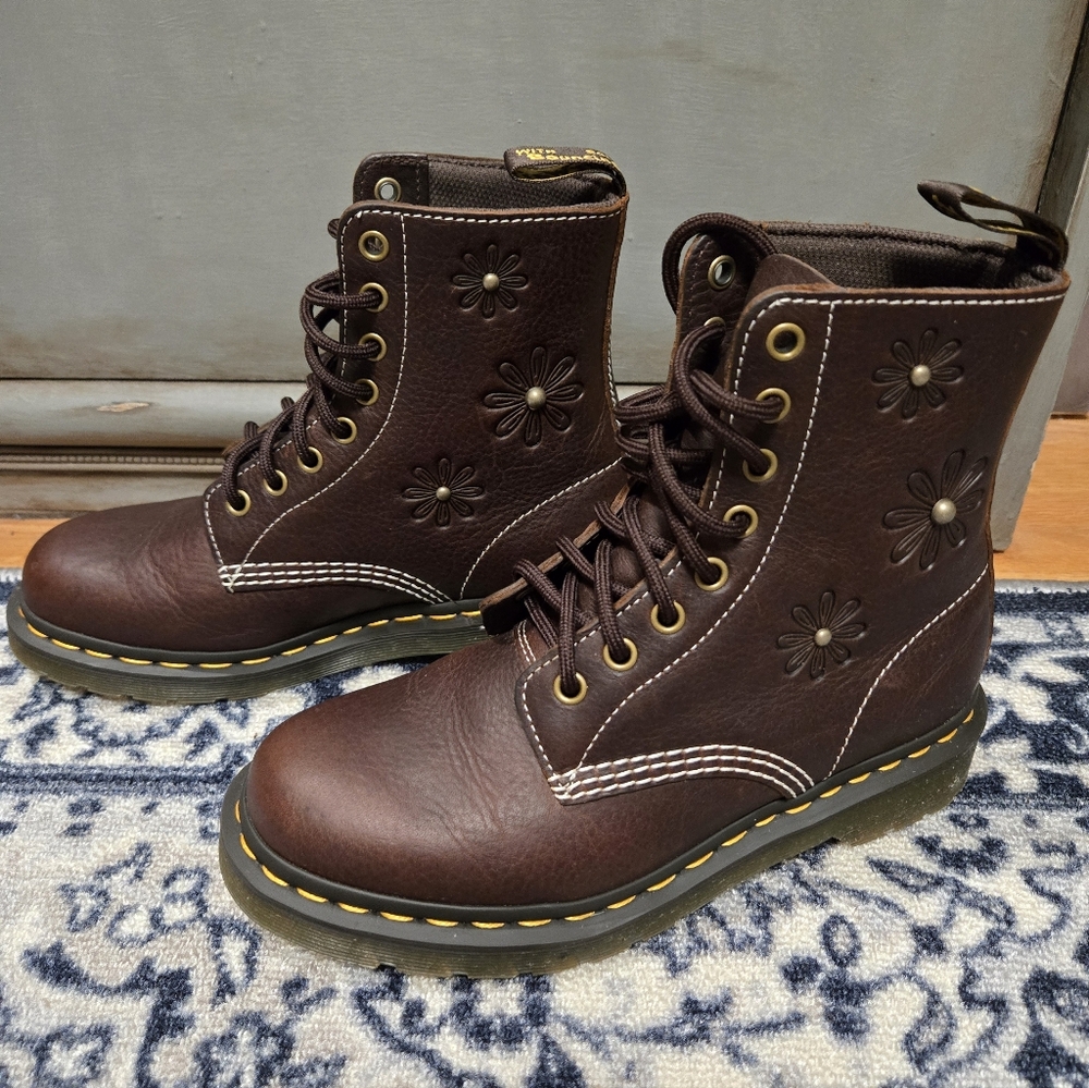 Dr. Martens Pascal Flower Boots In Dark Grizzly Brown Leather